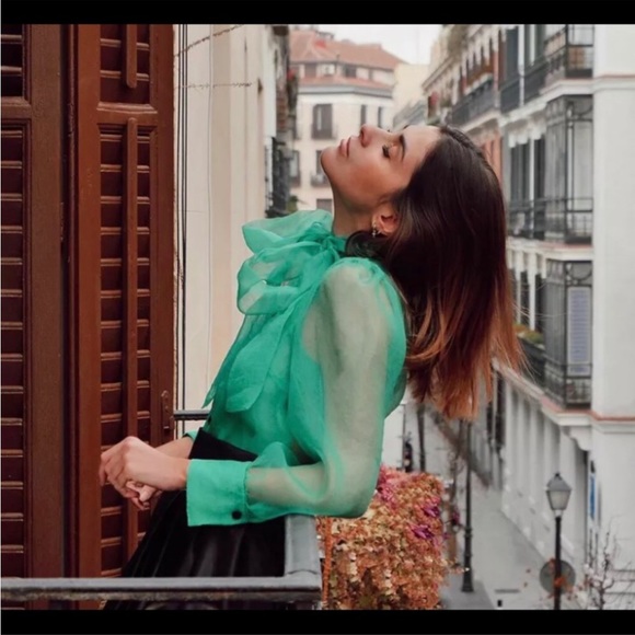 Zara green sheet organza blouse pussy bow dramatic chic S - Picture 6 of 12